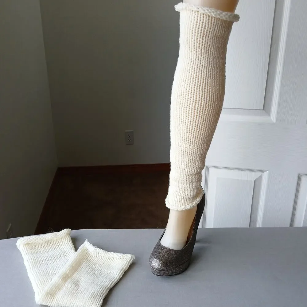 Cream Knit Leg / Arm Warmer roll top handmade OSFA acrylic yarn Ecru